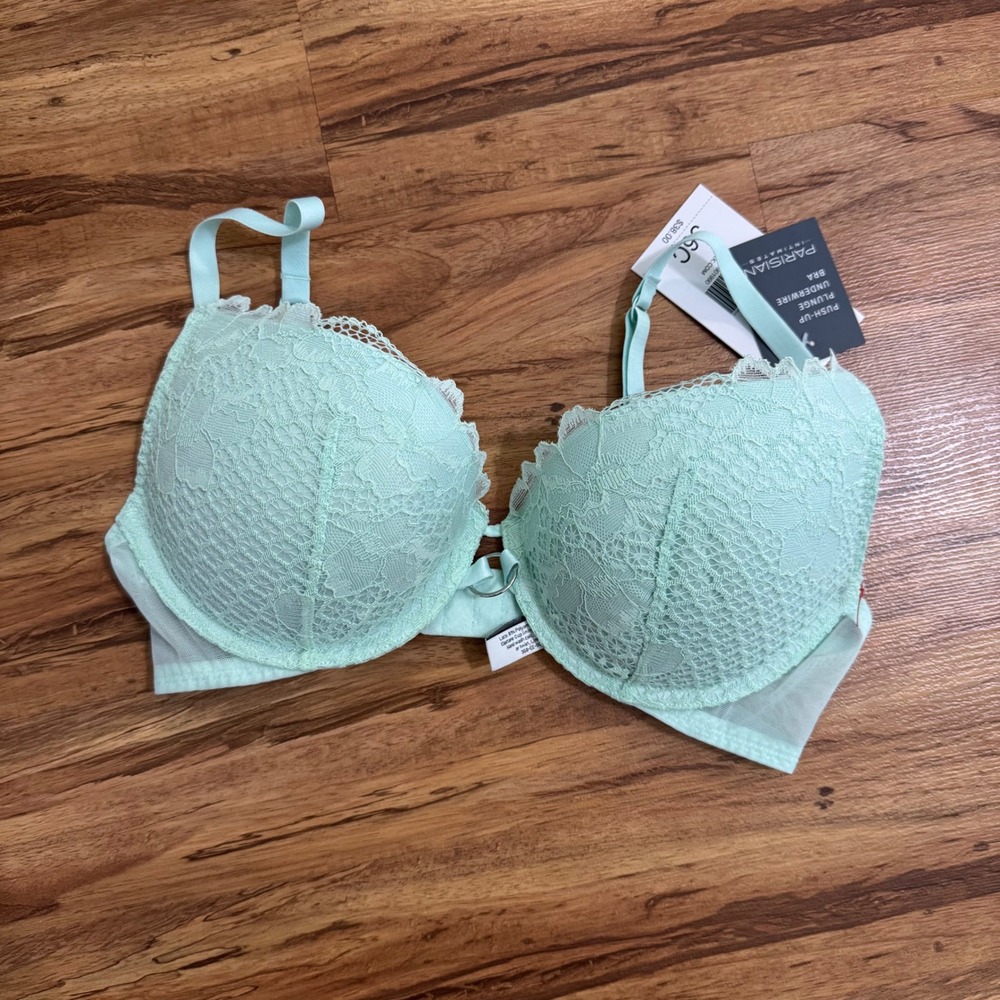 Parisian Intimates Push-Up Plunge Underwire Bra Lace Seafoam Green 36C